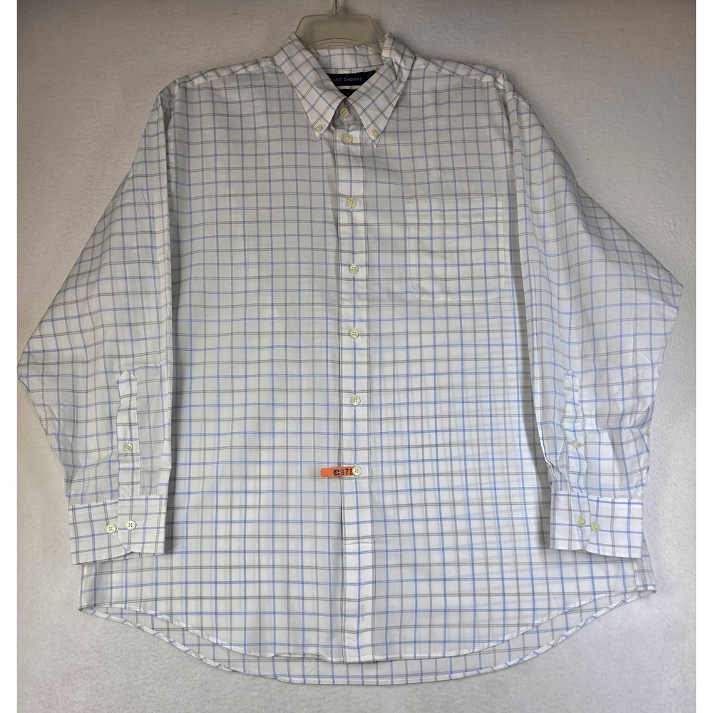 Grant Thomas Dress Shirt Men 17.5 32/33 White Blue Plaid 100s 2 Ply Cotton Flaw